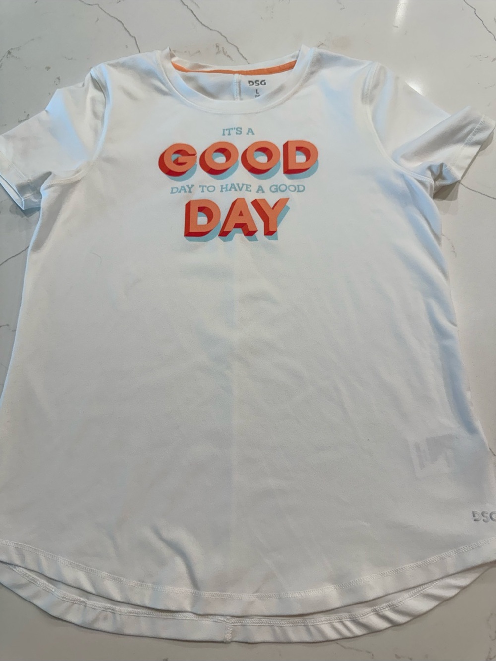DSG White Tee with Orange & Light Blue 'Good Day' Graphic